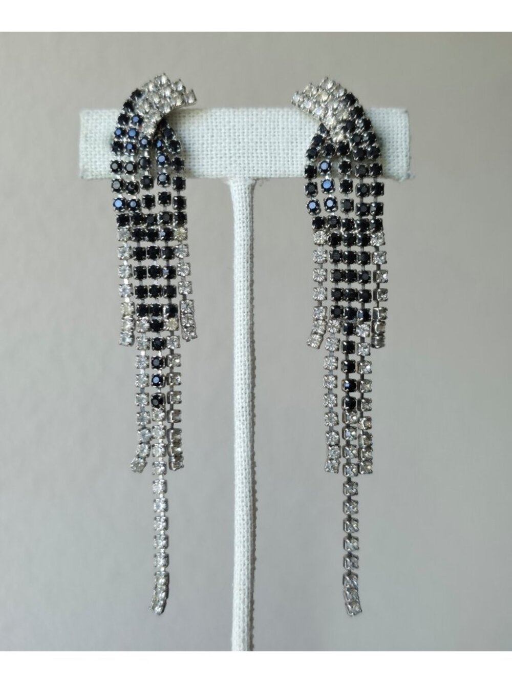 Vintage Clear and Black Rhinestone Clipon Earrings Long Dangle Statement Jewelry